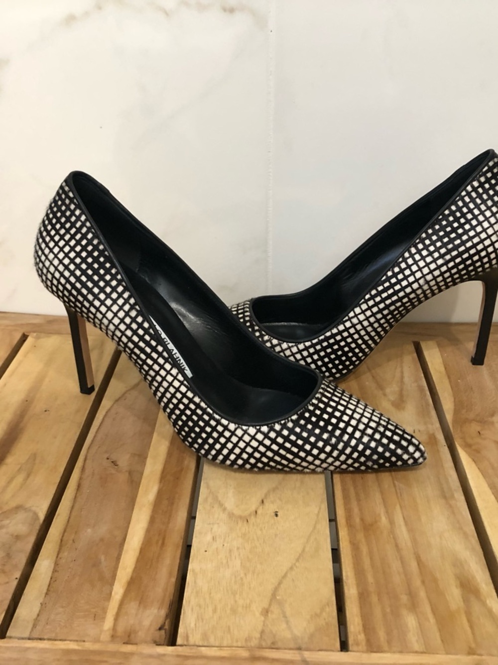 Manolo Blahnik Black and White Grid Pointed-Toe Stiletto Pumps